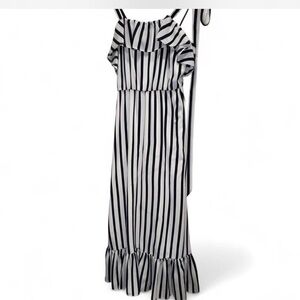 Betsey Johnson Navy White Stripe Ruffle Hem Maxi Dress Cold Shoulder belt flowy